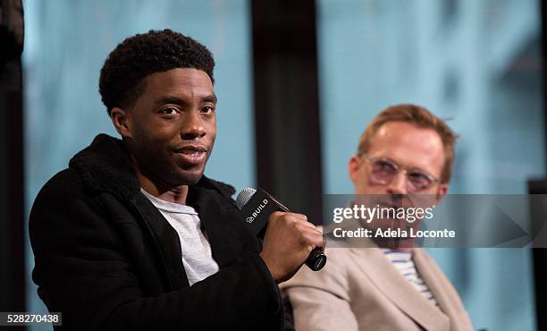 Chadwick Boseman and Paul Bettany discuss the AOL Speaker Series to discuss "Captain America: Civil War" at AOL Studios In New York on May 4, 2016 in...