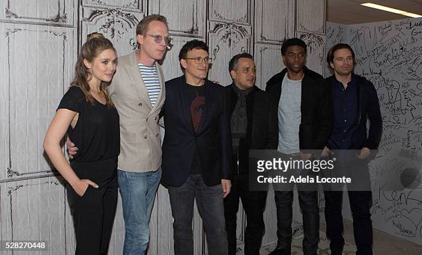 Elizabeth Olsen, Paul Bettany, Anthony Russo, Joe Russo, and Sebastian Stan attend the AOL Speaker Series to discuss "Captain America: Civil War" at...