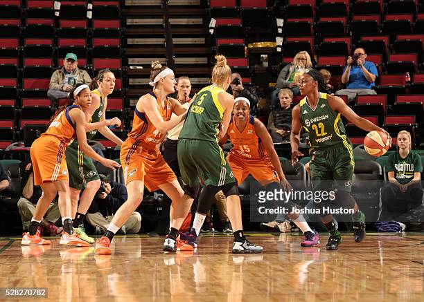 Monica Wright of the Seattle Storm looks to drive against the Phoenix Mercury on May 4, 2016 at Key Arena in Seattle, Washington. NOTE TO USER: User...