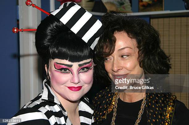 Delta Burke and Dixie Carter during Designing Women Reunion Backstage at Thoroughly Modern Millie on Broadway at Marquis Theater in New York City,...