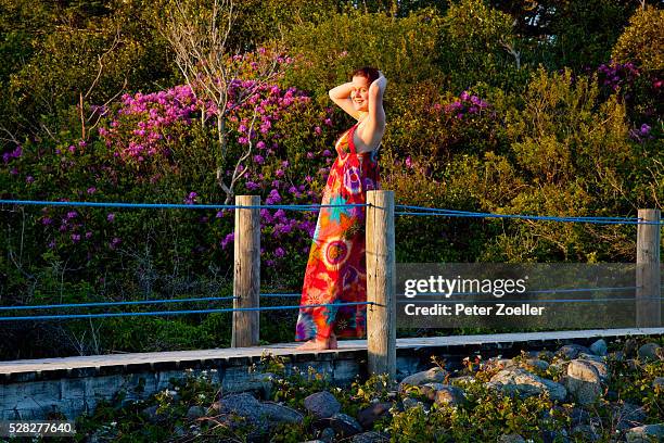 a woman basks in the warm sun while standing on a bridge in parknasilla; county kerry ireland - sneem fotografías e imágenes de stock