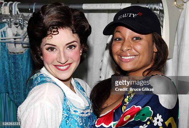 Anneliese van der Pol as Belle and Raven-Symone during Raven-Symone's visit to the set of Beauty and the Beast on Broadway at the Lunt Fontanne...