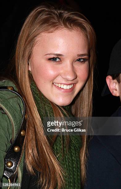 Actress Emily Osment poses as she visit backstage at Disney's The Little Mermaid on Broadway at The Lunt Fontanne Theater on December 18, 2007 in New...