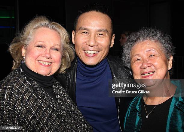 Barbara Cook, B.D. Wong and mother Roberta Christine Leong pose at the after party for the opening night of the revival of Arthur Miller's All My...