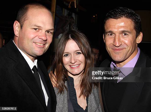 Chris Bauer, Emily Mortimer and Jonathan Cake pose at the opening night after party for Speed the Plow at the Red Eye Grill on October 23, 2008 in...
