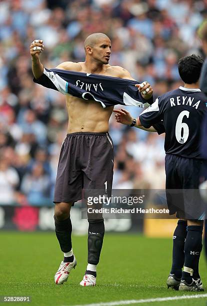 David James the Man City goalkeeper changes his shirt and plays at centre forward during the FA Barclays Premiership match between Manchester City...