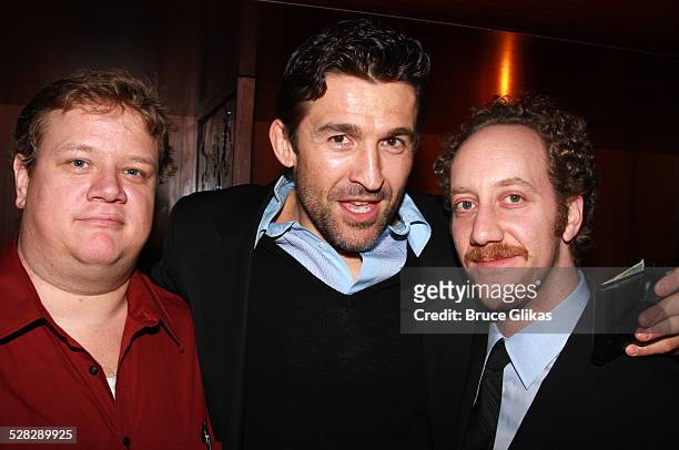 Actors Del Pentecost, Jonathan Cake and Joey Slotnick pose during the opening night party for Ethan Coen's Almost an Evening at Colors on April 2,...