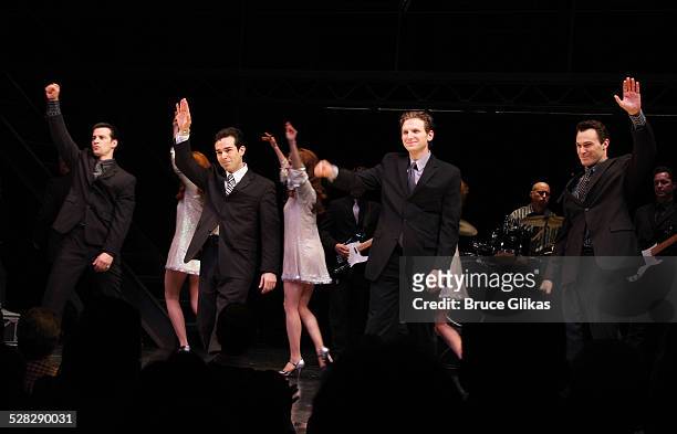 Jersey Boys Dominic Nolfi, Dominic Scaglione Jr., Sebastian Arcelus and Matt Bogart perform during a celebration for Jersey Boys third year on...
