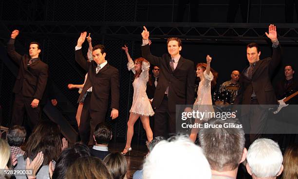 Jersey Boys Dominic Nolfi, Dominic Scaglione Jr., Sebastian Arcelus and Matt Bogart perform during a celebration for Jersey Boys third year on...