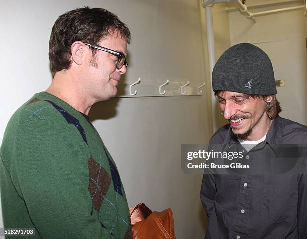 Rainn Wilson and Mackenzie Crook pose backstage at The Seagull on Broadway at The Walter Kerr Theatre on November 18, 2008 in New York City.