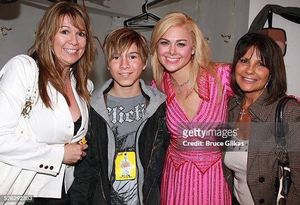 Jacqueline Butcher, Paul Butcher of Zoey 101, Laura Bell Bundy and Lynne Spears pose backstage at The Hit Musical Legally Blonde on Broadway at The...