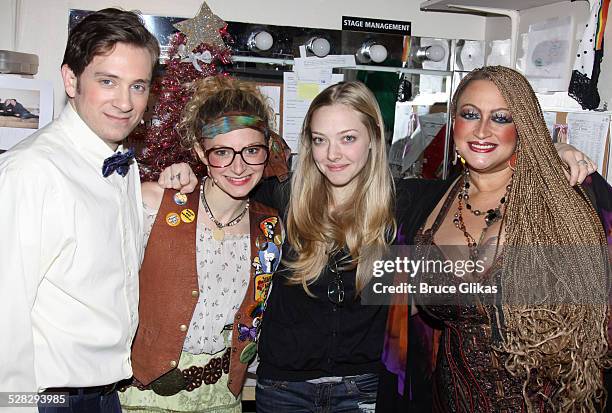 Tom Lenk, Lauren Molina, Amanda Seyfried and Michele Mais pose backstage at the hit rock musical Rock of Ages on Broadway at The Brooks Atkinson...