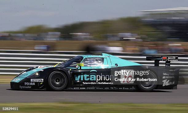 The Vitaphone Racing Team Maserati MC12 of Thomas Biagi and Fabio Babini competes during the F.I.A. GT Championship race held at the Silverstone...