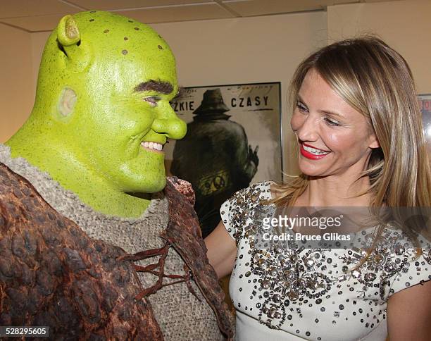 Cameron Diaz visits Brian d'Arcy James as Shrek backstage on opening night of Shrek The Musical on Broadway at the Broadway Theatre on December 14,...