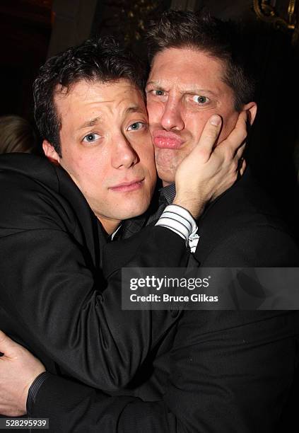 John Tartaglia and Christopher Sieber pose at the opening night party for Shrek The Musical on Broadway at the Plaza hotel on December 14, 2008 in...