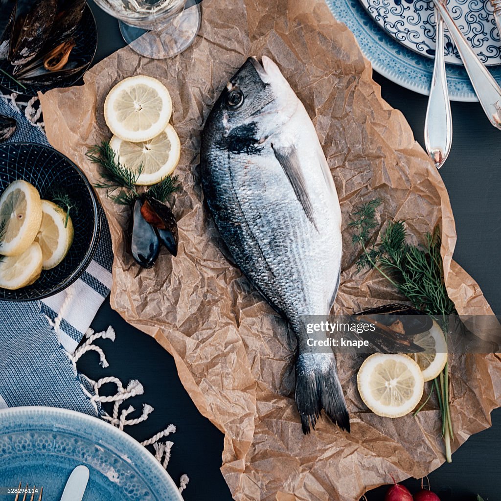 Sea bream fish food arrangement from above