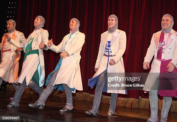 The Ensemble of Monty Python's Spamalot take their Curtain Call on Broadway at the Shubert Theatre on June 24, 2008 in New York City.