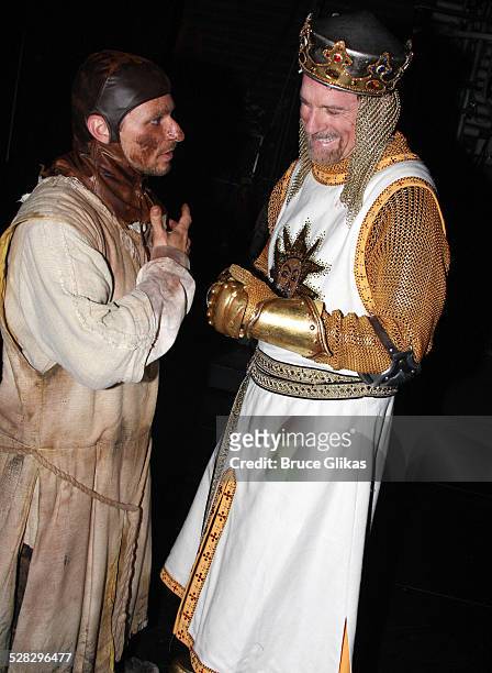 Drew Lachey and Stephen Collins pose backstage after their Opening Night debut in Monty Python's Spamalot on Broadway at the Shubert Theatre on June...