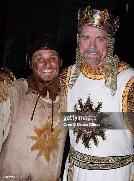 Drew Lachey and Stephen Collins pose backstage after their Opening Night debut in Monty Python's Spamalot on Broadway at the Shubert Theatre on June...