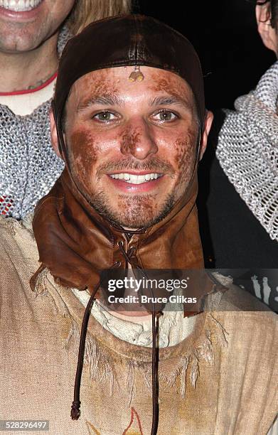 Drew Lachey poses backstage after his Opening Night debut in Monty Python's Spamalot on Broadway at the Shubert Theatre on June 24, 2008 in New York...