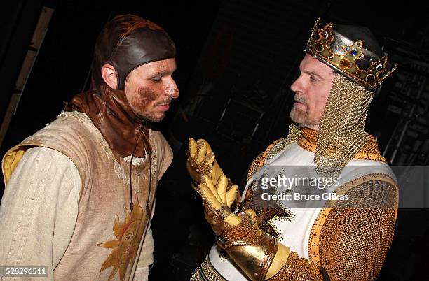Drew Lachey and Stephen Collins pose backstage after their Opening Night debut in Monty Python's Spamalot on Broadway at the Shubert Theatre on June...