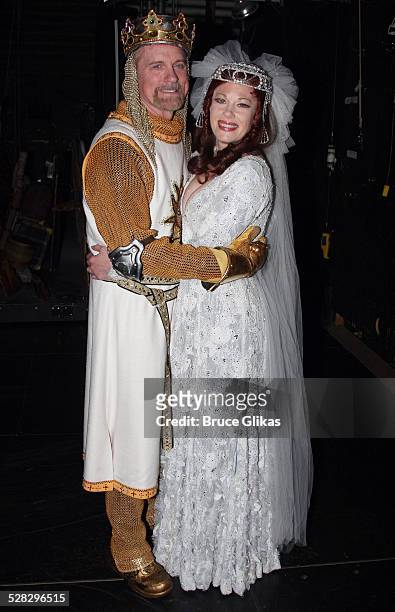 Stephen Collins and Marin Mazzie pose backstage after their Opening Night debut in Monty Python's Spamalot on Broadway at the Shubert Theatre on June...