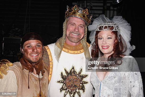 Drew Lachey , Stephen Collins and Marin Mazzie pose backstage after their Opening Night debut in Monty Python's Spamalot on Broadway at the Shubert...