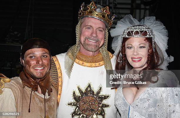 Drew Lachey , Stephen Collins and Marin Mazzie pose backstage after their Opening Night debut in Monty Python's Spamalot on Broadway at the Shubert...