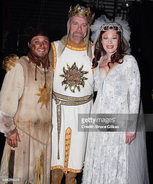 Drew Lachey , Stephen Collins and Marin Mazzie pose backstage after their Opening Night debut in Monty Python's Spamalot on Broadway at the Shubert...