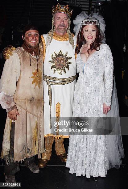 Drew Lachey , Stephen Collins and Marin Mazzie pose backstage after their Opening Night debut in Monty Python's Spamalot on Broadway at the Shubert...