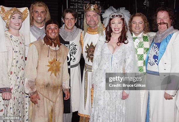 Drew Lachey , Stephen Collins and Marin Mazzie pose with The Cast backstage after their Opening Night debut in Monty Python's Spamalot on Broadway at...