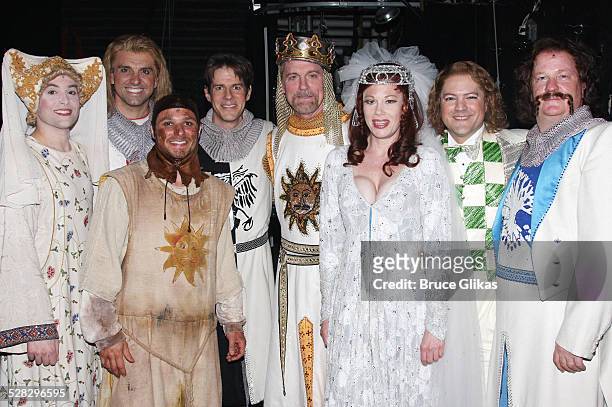 Drew Lachey , Stephen Collins and Marin Mazzie pose with The Cast backstage after their Opening Night debut in Monty Python's Spamalot on Broadway at...