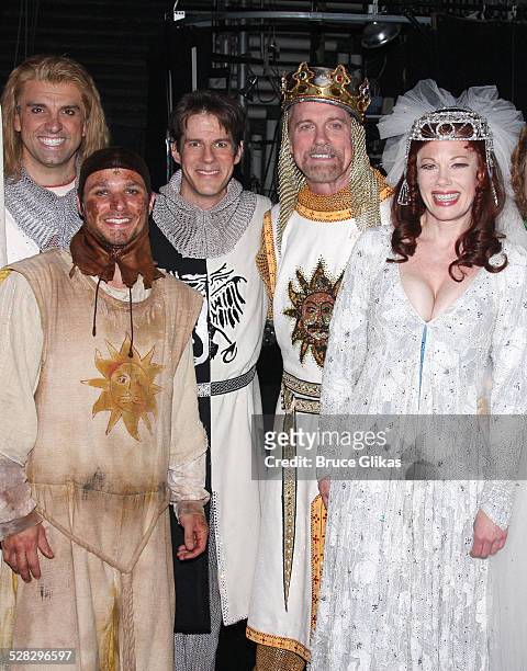 Drew Lachey , Stephen Collins and Marin Mazzie pose with The Cast backstage after their Opening Night debut in Monty Python's Spamalot on Broadway at...