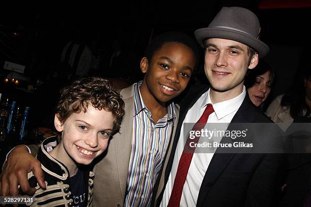 Lance Chantiles-Wertz, Michael Cummings and Tobias Segal pose at the after party for the Broadway opening of The Miracle Worker at Crimson on March...