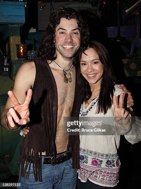 Ace Young as Berger and Diana DeGarmo as Sheila pose backstage at the hit musical Hair on Broadway at The Al Hirshfeld Theater on March 14, 2010 in...