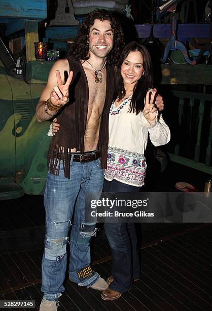 Ace Young as Berger and Diana DeGarmo as Sheila pose backstage at the hit musical Hair on Broadway at The Al Hirshfeld Theater on March 14, 2010 in...