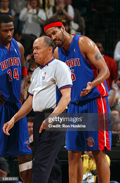 Rasheed Wallace of the Detroit Pistons argues a technical foul with game official Luis Grillo in Game four of the Eastern Conference Semifinals...