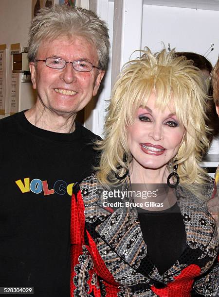 Wig Designer Paul Huntley and Dolly Parton pose backstage at the hit new musical 9 to 5 on Broadway at The Marquis Theatre on April 13, 2009 in New...