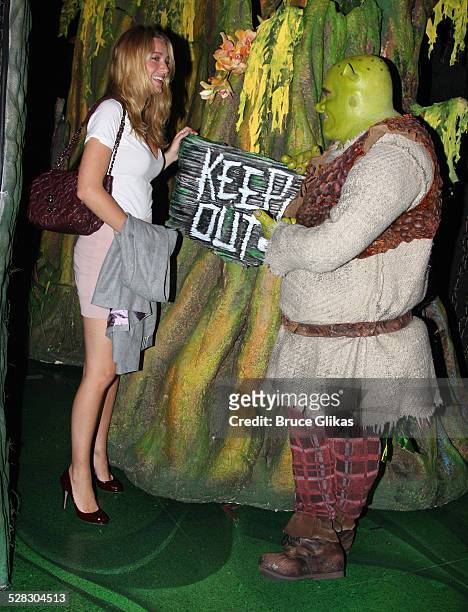 Blake Lively visits Brian d'Arcy James as Shrek at Shrek The Musical at the Broadway Theatre on May 10, 2009 in New York City.