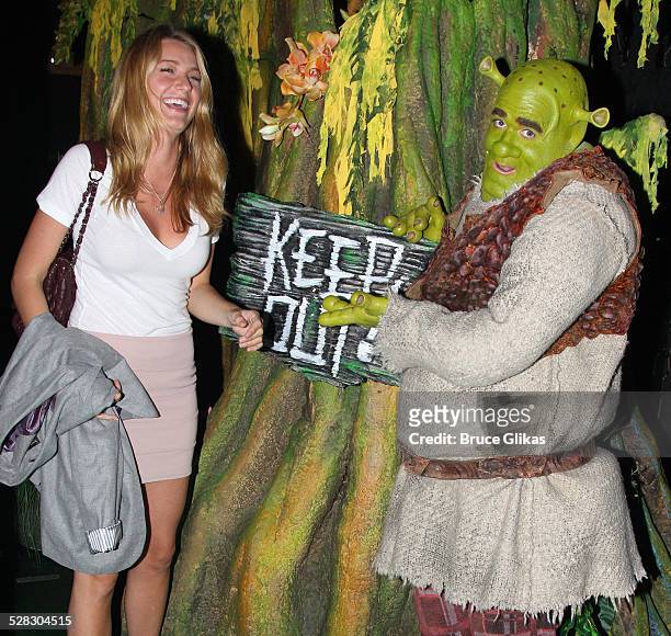 Blake Lively visits Brian d'Arcy James as Shrek at Shrek The Musical at the Broadway Theatre on May 10, 2009 in New York City.