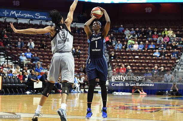 DeLisha Milton-Jones of the Atlanta Dream shoots the ball against the San Antonio Stars in a WNBA preseason game on May 4, 2016 at the Mohegan Sun...