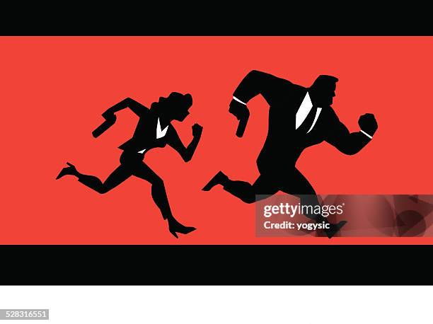 stockillustraties, clipart, cartoons en iconen met super spies couple running silhouette - pakjesavond
