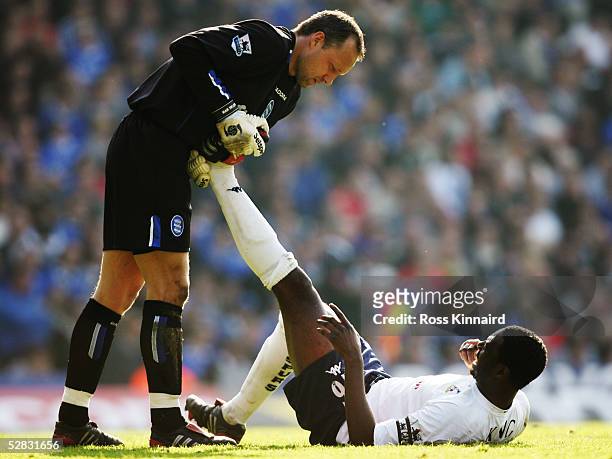 Maik Taylor of Birmingham City helps Ledley King of Tottenham Hotspur during the Barclays Premiership match between Birmingham City and Tottenham...