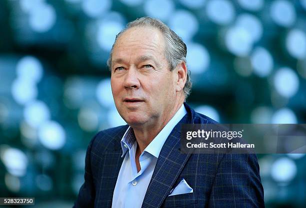 Houston Astros owner Jim Crane waits near the field before the start of a game against the Minnesota Twins at Minute Maid Park on May 4, 2016 in...