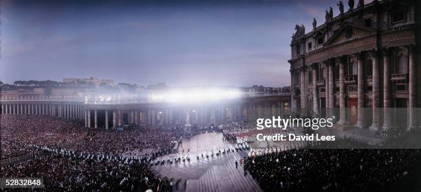 Aerial view of the enourmous crowd assembled for an outdoor mass at the investiture of Pope John Paul II in the Vatican City, October 22, 1978.