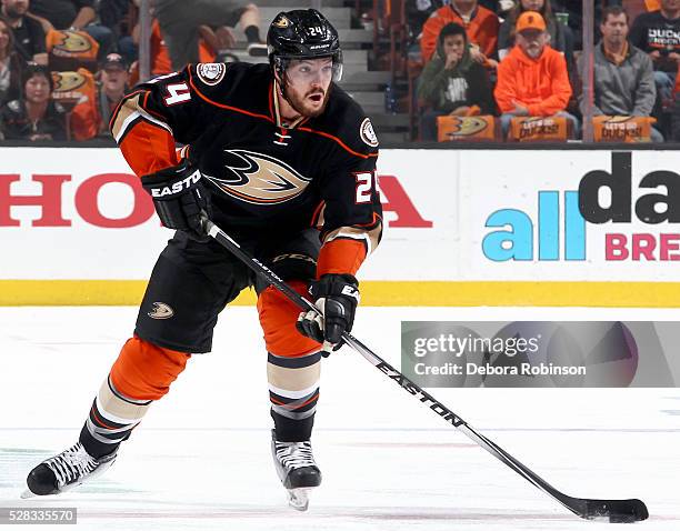 Simon Despres of the Anaheim Ducks skates with the puck in Game Seven of the Western Conference First Round against the Nashville Predators during...