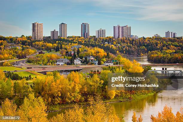 autumn city skyline, edmonton, alberta, canada - edmonton bridge stock pictures, royalty-free photos & images