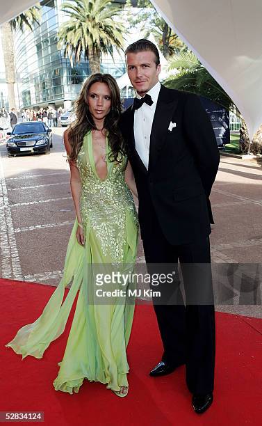 David and Victoria Beckham arrive at the Laureus World Sports Awards May 16, 2005 at the Estoril Casino, Estoril, Portugal.