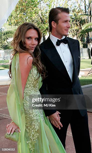 David and Victoria Beckham arrive at the Laureus World Sports Awards on May 16, 2005 at the Estoril Casino, Estoril, Portugal.