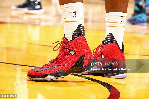 The sneakers of Hassan Whiteside of the Miami Heat during the game against the Charlotte Hornets during Game Seven of the Eastern Conference...